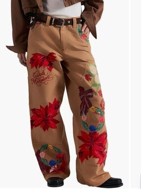 Free People Bright Time Embroidered High Waist Wide Leg Pants